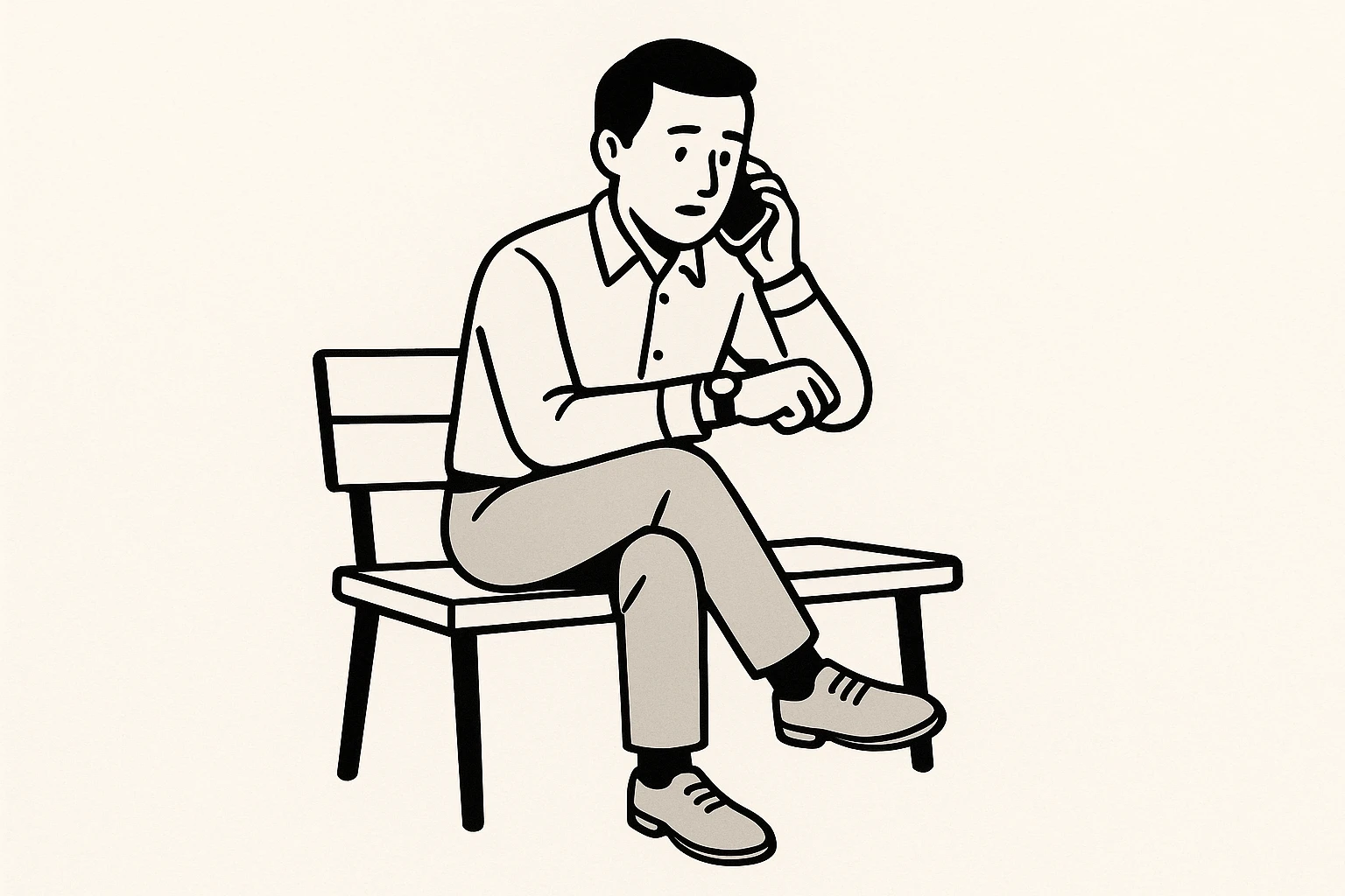 A man sitting on a bench, talking on the phone, glancing at his watch, minimal background. emoji