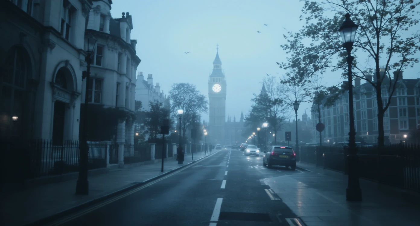 Cinematic shot of a london street, cloudy foggy day, soft light, leading lines to big ben in distance, multi composition, in foreground blurred car, on second street around UK bulding, od another plan in distance big ben, birds flying, artistic look, captured on arri alexa 35, color graded blue hour emoji