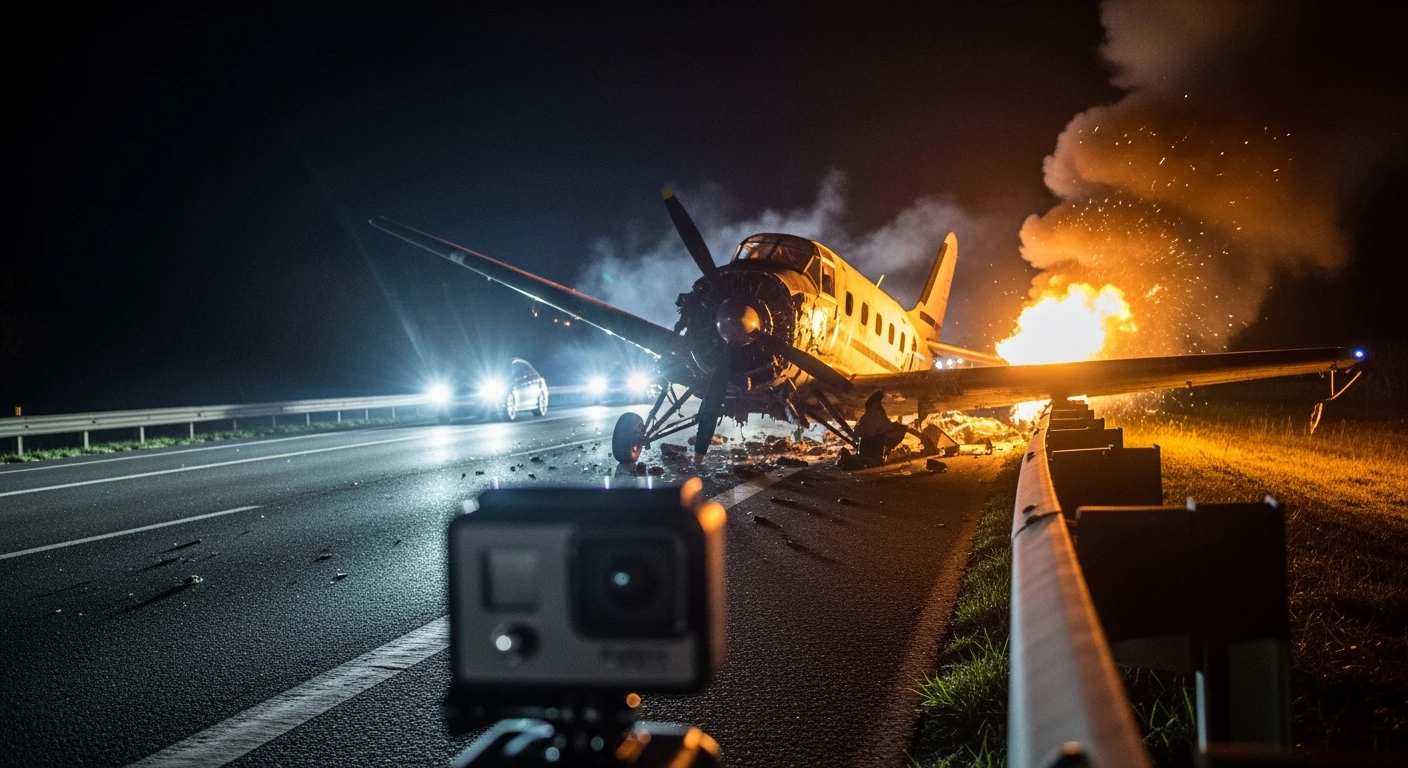 Cinematic still of a plane crash on highway, captured by gopro hero]\ emoji