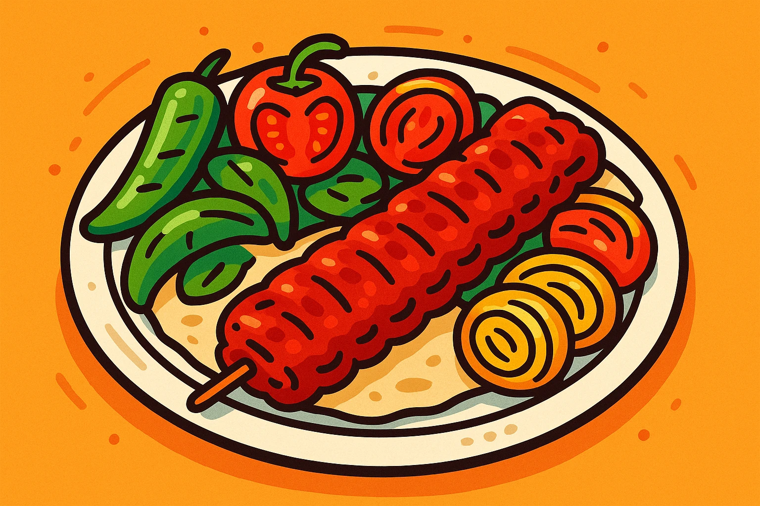 a plate of Turkish kebab with grilled vegetables, vibrant cartoon style emoji