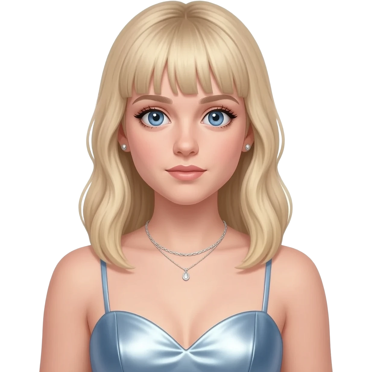 Sabrina Carpenter with blue eyes, long light blonde hair with bang, light steel blue metallic sweetheart dress, silver necklace and short earrings emoji