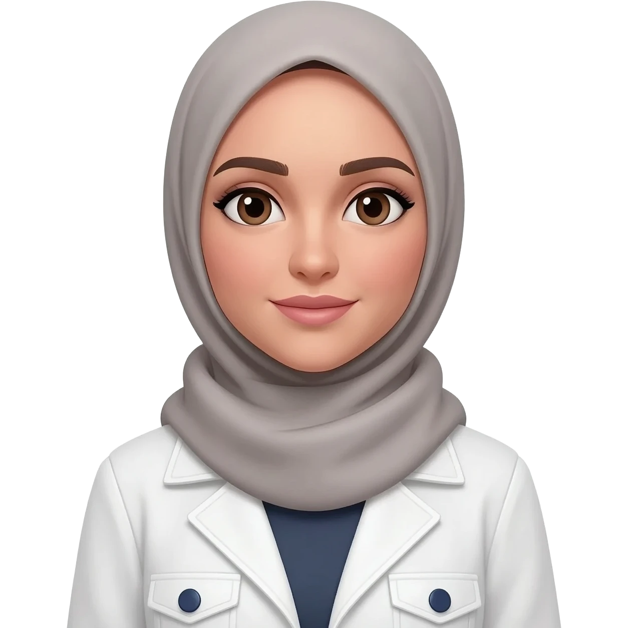 buatkan emoji dengan meggunakan hijab atau kerudung yang menutup kepala dan leher, lalu menggunakan jascook putih dengan kancing biru dongker, wanita berkulit putih emoji