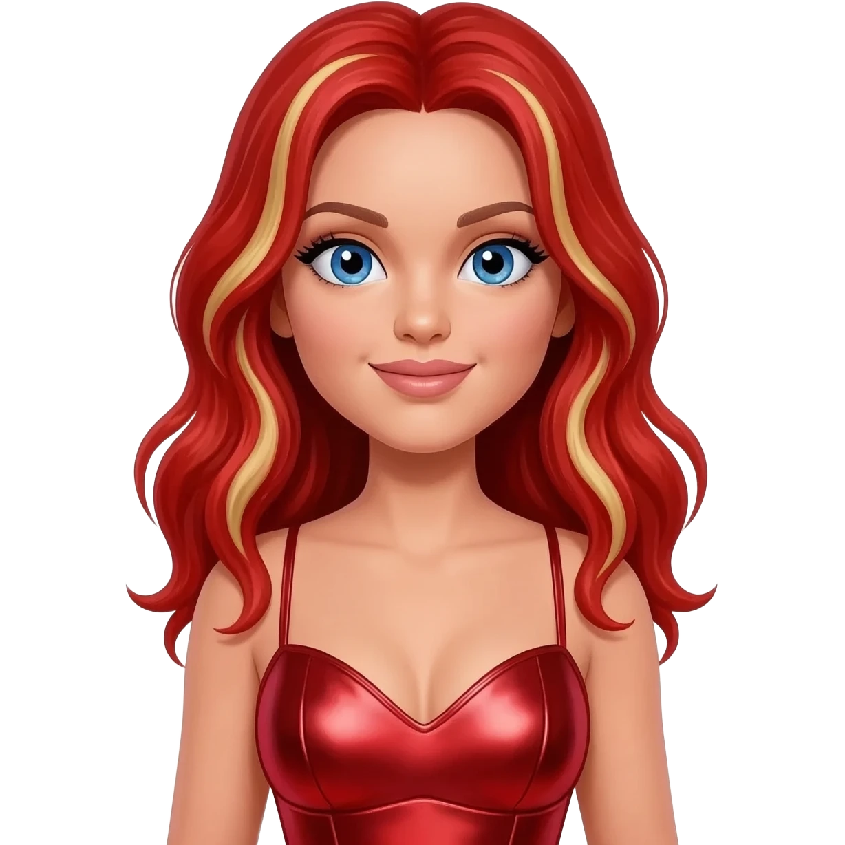Baby Spice from Spice Girls with blue eyes, long red hair with blonde highlights, red metallic sweetheart dress emoji