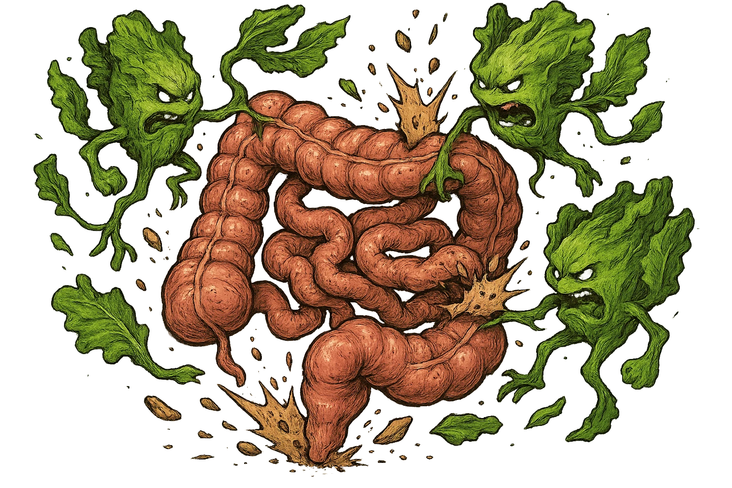 foglie di insalata che attaccano un intestino anatomico umano per distruggerlo emoji