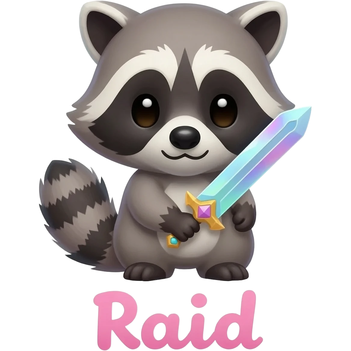 Cute Raccoon with sword and text "Raid" in cotton candy stylebelow him emoji
