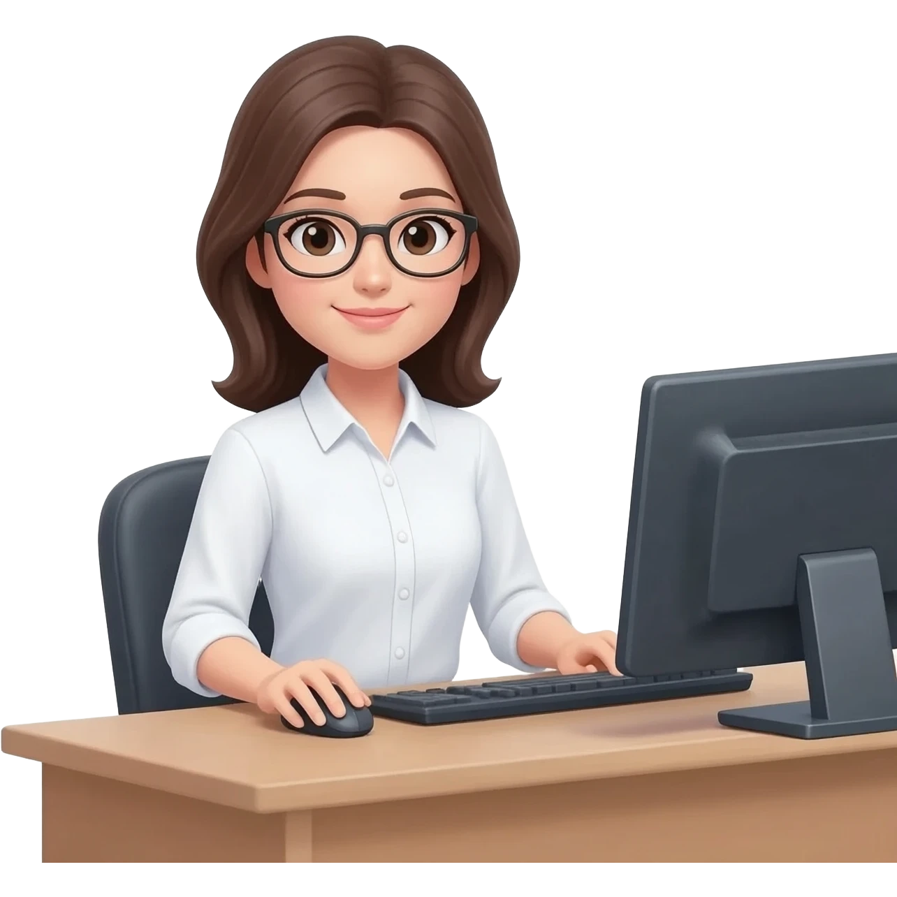 Asistente mujer con camisa manga larga blanca, sin lentes en escritorio con computadora, medio cuerpo imagen tipo emoji emoji