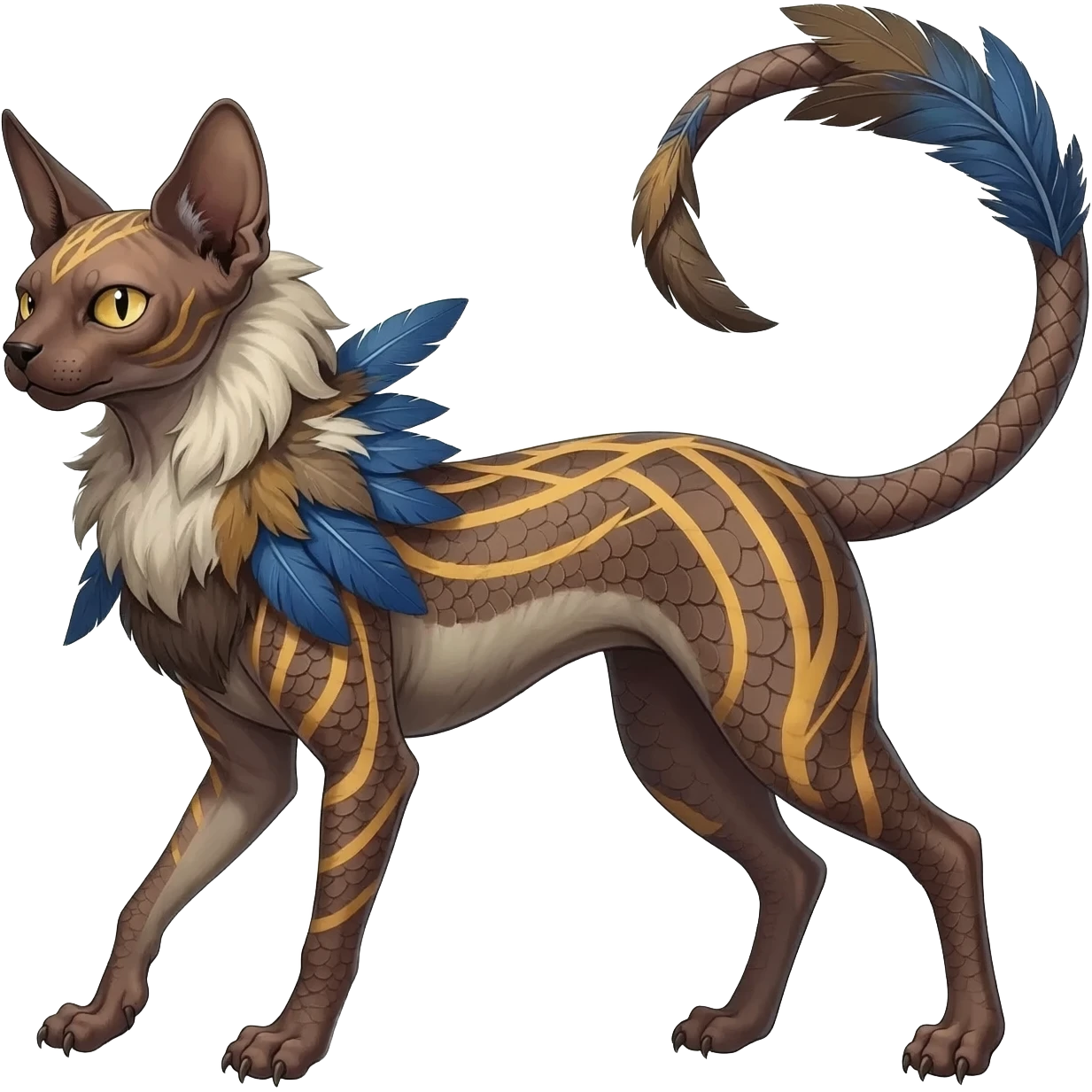 Furry, fluffy feathery scaly, Minccino-Sphynx-Lykoi-Linoone-Zangoose-fusion-hybrid-animal-Fakémon-creature, full body, thin long sleek scaly tail, intricate markings emoji