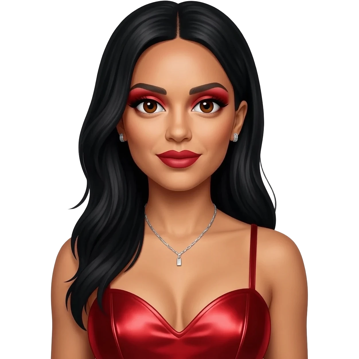 Leigh-Anne Pinnock from Little Mix with dark brown eyes, long black hair, red eyeshadow and lipstick, red metallic sweetheart dress, silver necklace with earrings emoji