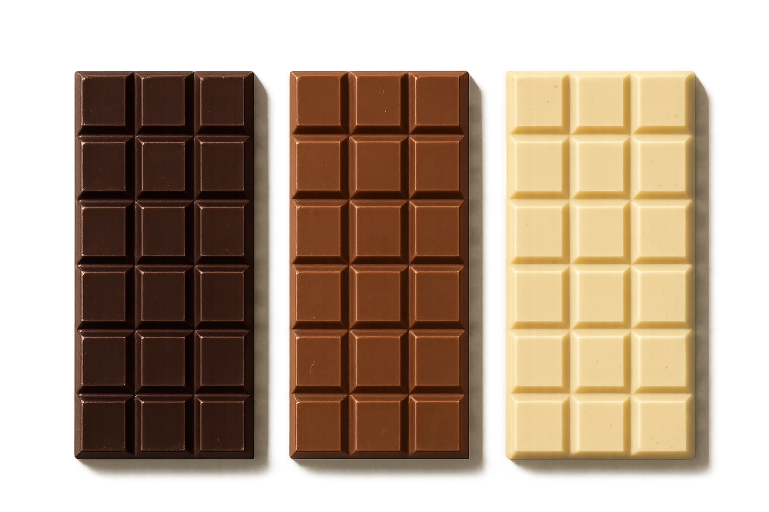 3 BARRETTE DI CIOCCOLATO, UNA FONDENTE, UNA AL LATTE E UNA BIANCA, CON OMBRA REALISTICA, VISTE DALL'ALTO, IPERREALISTICO 4K emoji