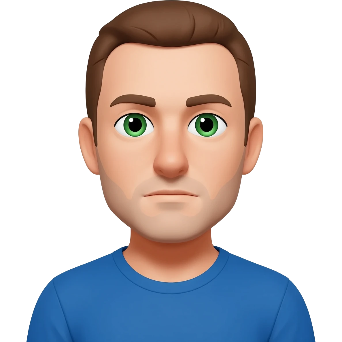 man short brown hair green eyes blue t-shirt big nose emoji