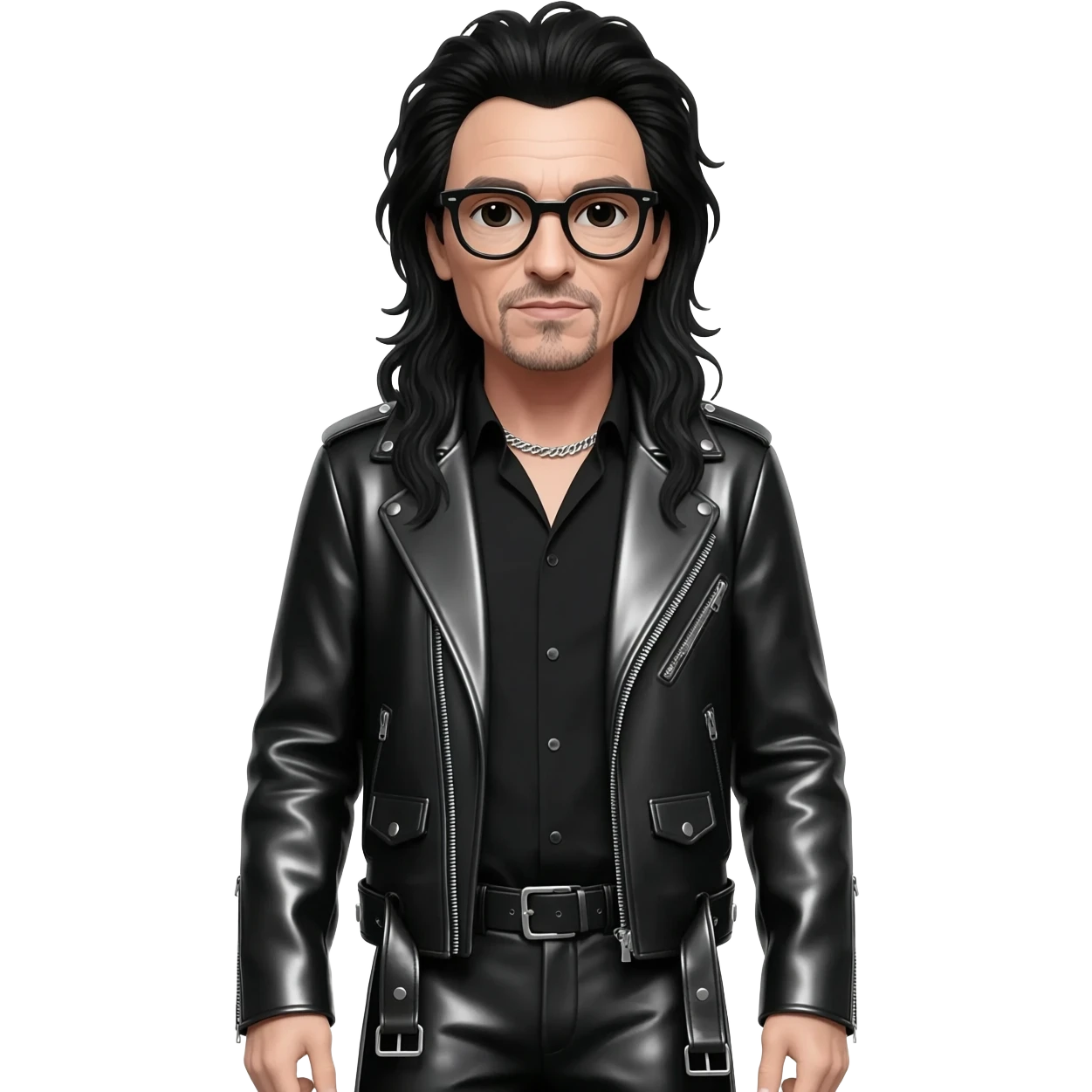 Bono with long black hair, black shirt, black metallic jacket, black metallic baggy pants, sliver necklace, black glasses emoji