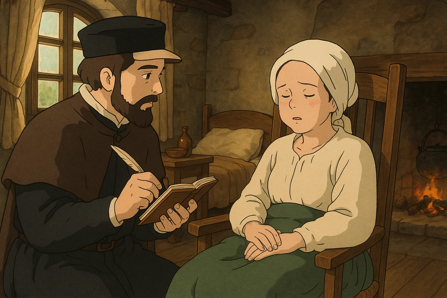 A doctor from the 1500s in Europe making written notes about a sick female patient in his care by carefully observing the patient who is ill and sitting in a chair in their home. emoji