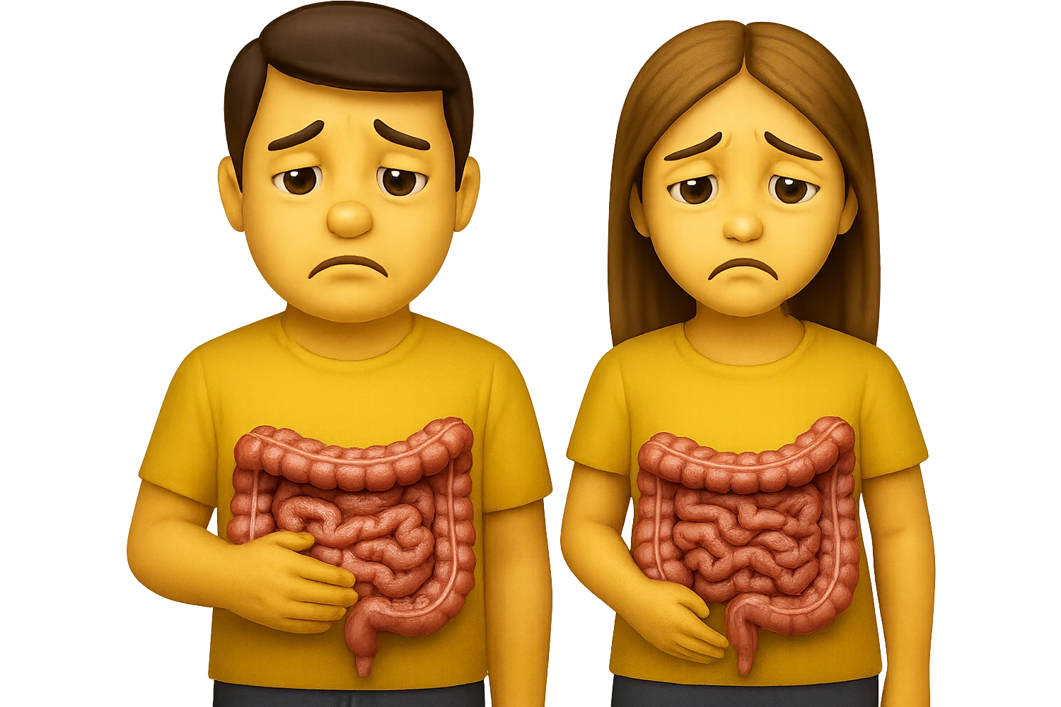 emoji stile iphone di un uomo e una donna con espressione triste ed intestino in evidenza, iperrealistico 4k emoji