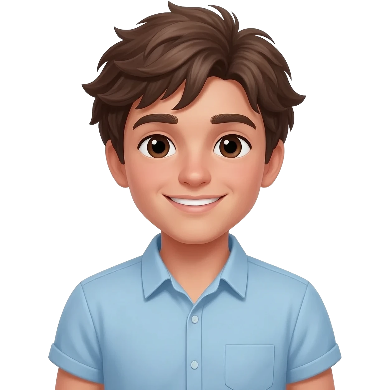 create an emoji of a teenage man, very very slightly tanned face, smile. he has an cool look, very messy brown hair, dark brown eyes, natural lips. he wears a short sleeve light blue emoji