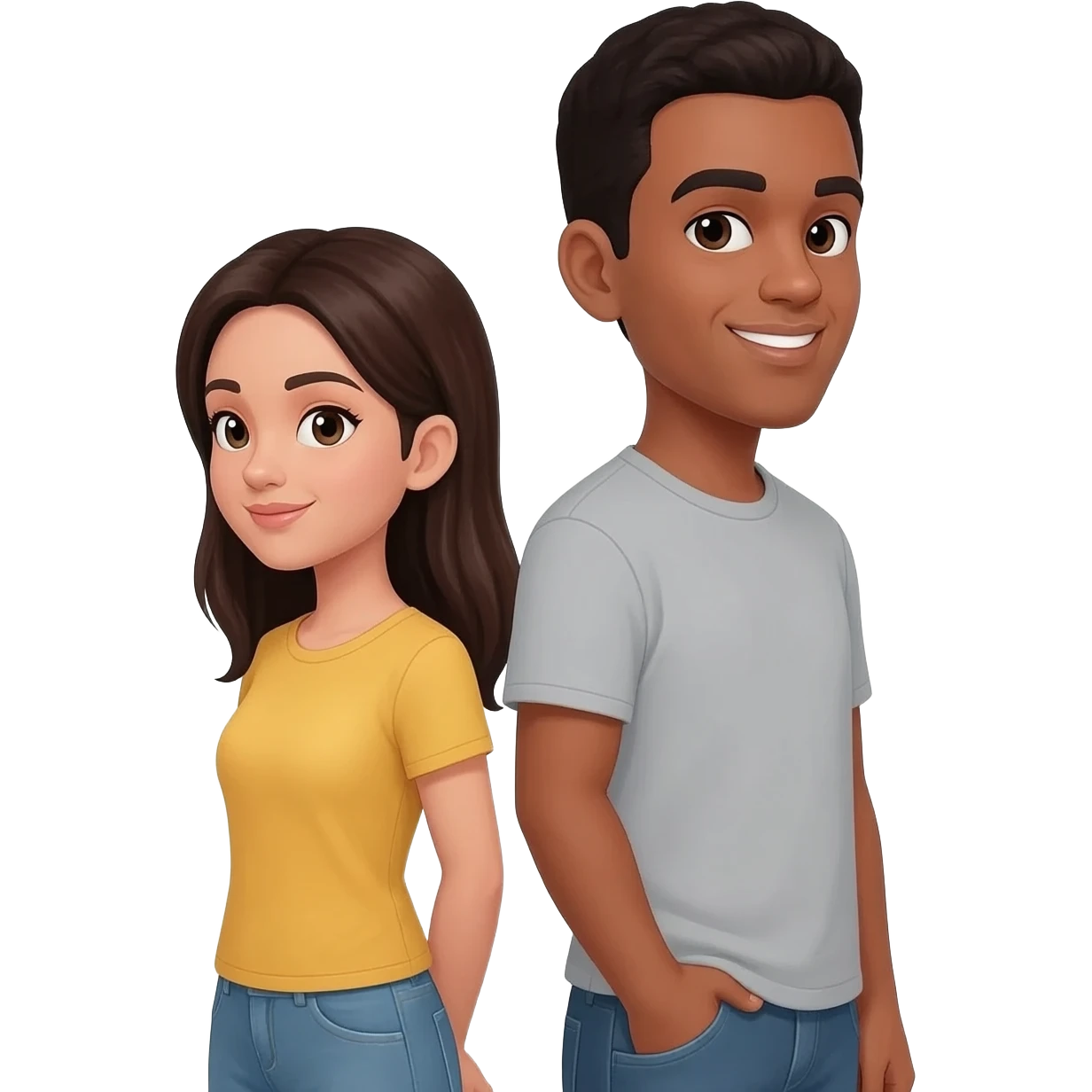 Un homme et une femme métisse, dos à dos, tenue normale, bînome emoji