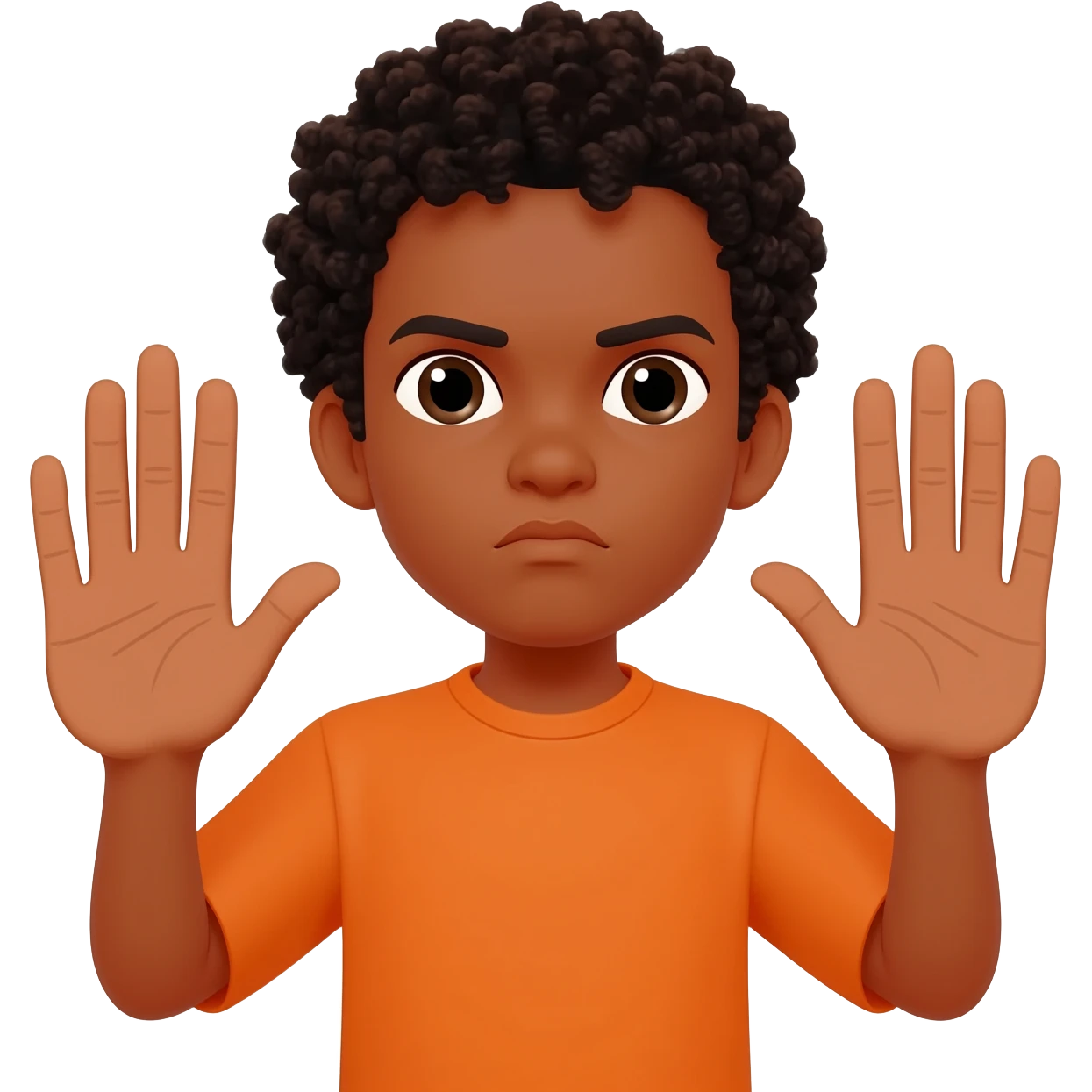 black boy curly hair orange shirt stop hands up serious face emoji