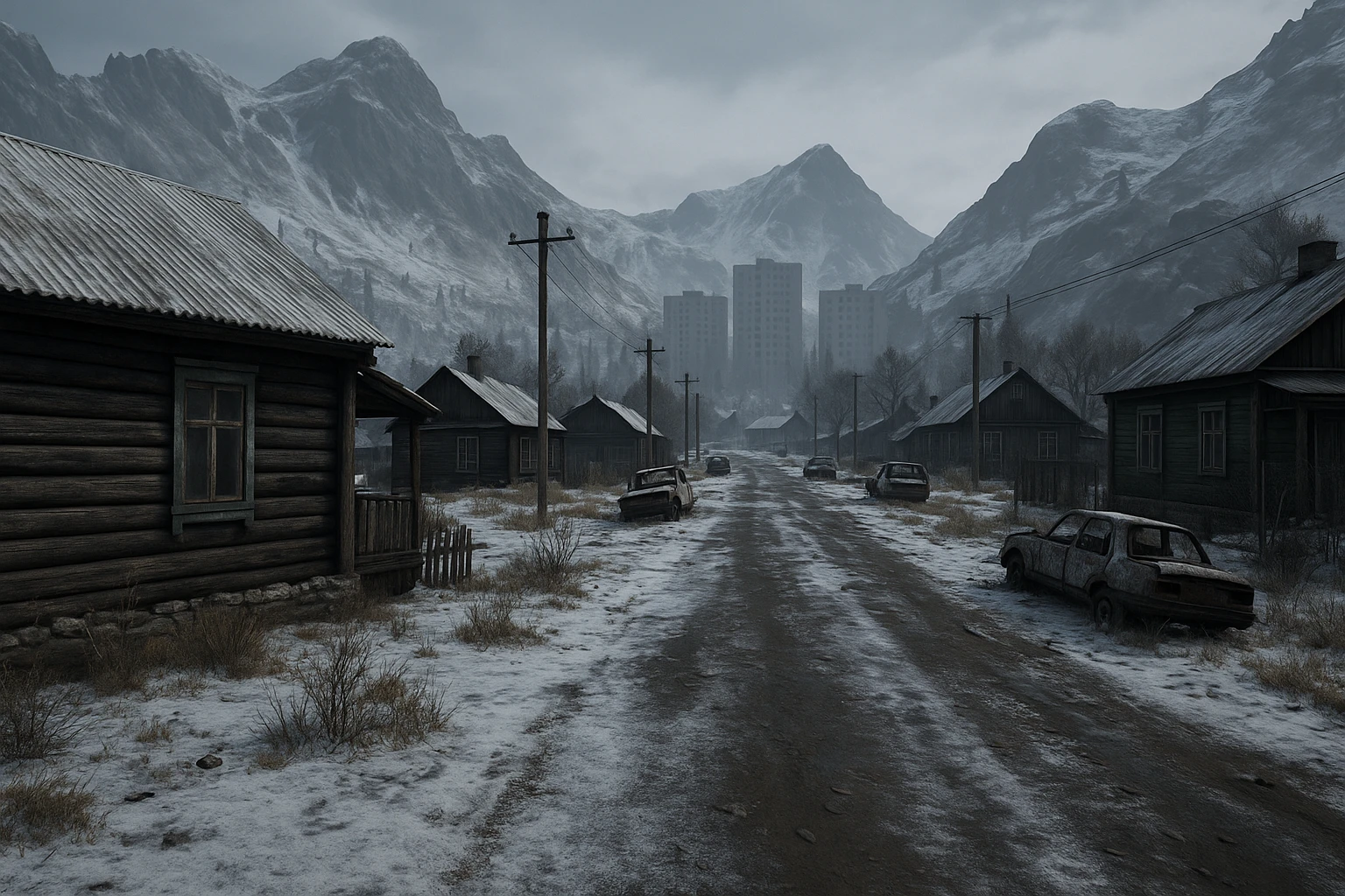 a view of the city street in a videogame: DayZ - in  Sakhal - snowy steppe tundra, rustic cabin houses, tall apartment blocks in the distance, mountainous and rocky terrain emoji