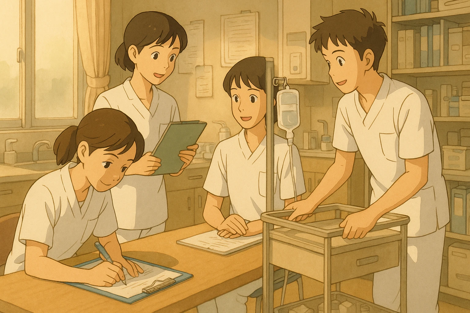 Four students (inspired by photos), collaborating in a care station, Ghibli style, white short-sleeve uniforms with V-neck, left chest pocket, no collar stand, no stethoscopes, no undershirts, various working postures. emoji