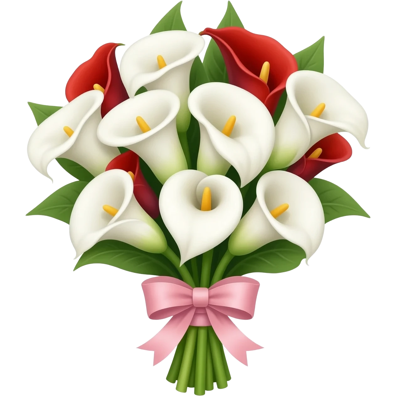 Buquê da flor calla branco e alguns vermelhos e um laço delicado rosa bebê emoji