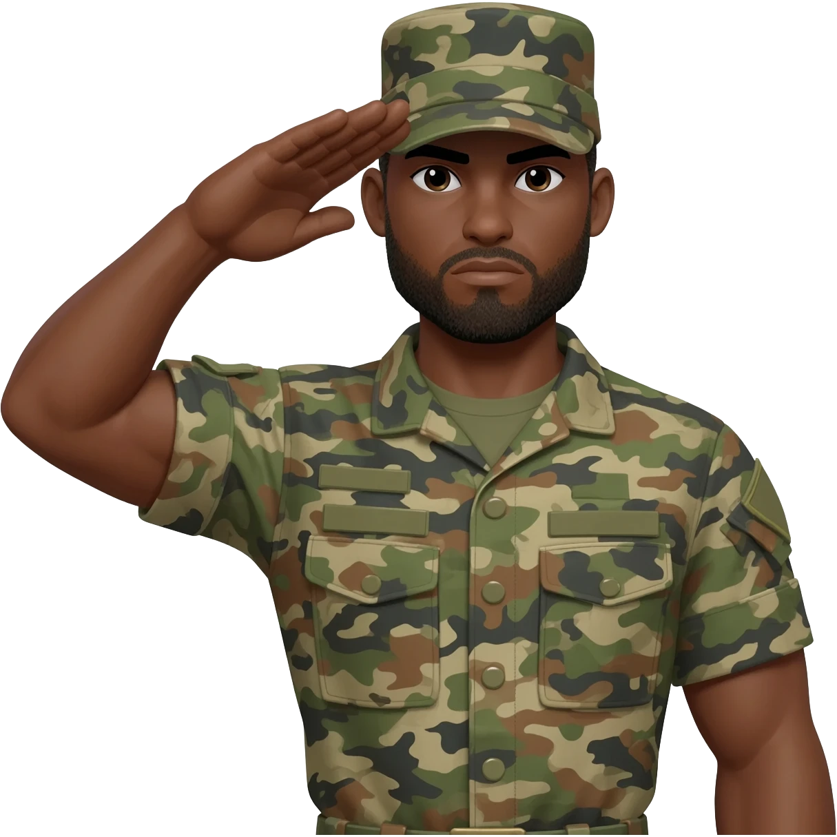 A black military soldier, brown skinned and camouflage uniform to include the hat saluting with the right arm, make the soldiers serious and make the built of the soldier muscular emoji