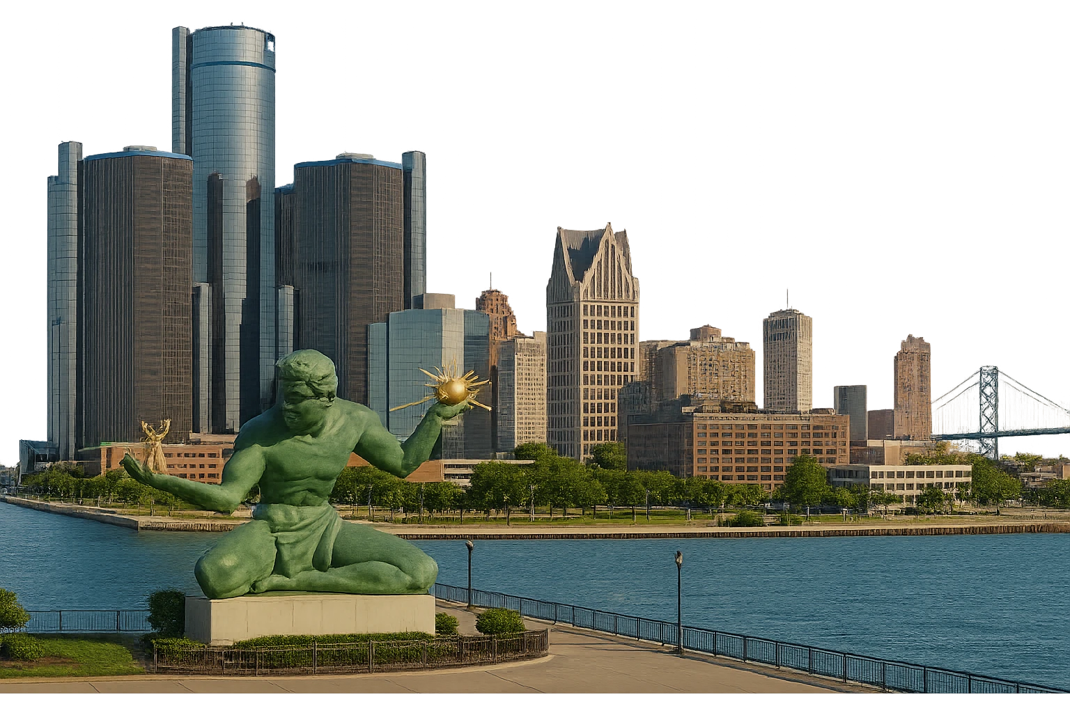cinematic, realistic emoji of Detroit, wide city view featuring only real, iconic landmarks including the Renaissance Center, Spirit of Detroit, Detroit Riverwalk, and Ambassador Bridge, lifelike detail, accurate colors, bright daytime lighting, fully transparent background, no sky, no clouds, no imaginary or generic buildings emoji