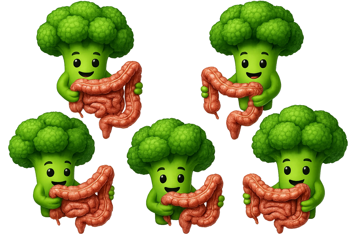 broccoletti stile emoji iphone fluttuano in aria stringendo in mano un pezzo di colon intestinale, iperrealistico 4k emoji