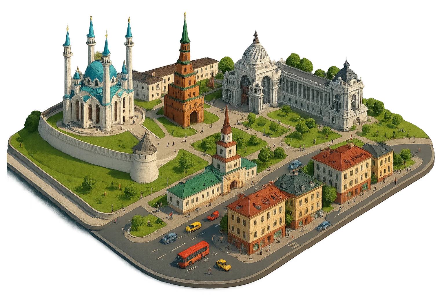 Изометричная миниатюрная фотореалистичная 3D модель панорамы Казани - Казанский Кремль, Кул-Шариф, Башня Сююмбике, Дворец земледельцев, казанские дома, автотранспорт четкие линии, яркие цвета, мультяшный реализм, люди, автотранспорт, компактная композиция, вид сверху в изометрии, прозрачный фон emoji