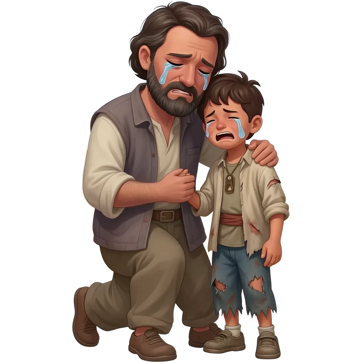 нарисуй как отец со слезами  обнимет с любовью и слезами  сына в рвной одежде  возростом 20-24  года во весь рост  ,  времена древнего иерусалима emoji