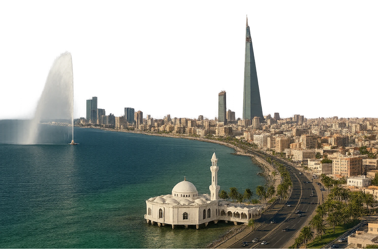 Remove any label text from the Jeddah emoji, keeping everything else exactly the same: wide city view with King Fahd Fountain, Jeddah Tower, Corniche Mosque, lifelike detail, accurate colors, bright daytime lighting, fully transparent background, no sky, no clouds. Do not change anything else. emoji