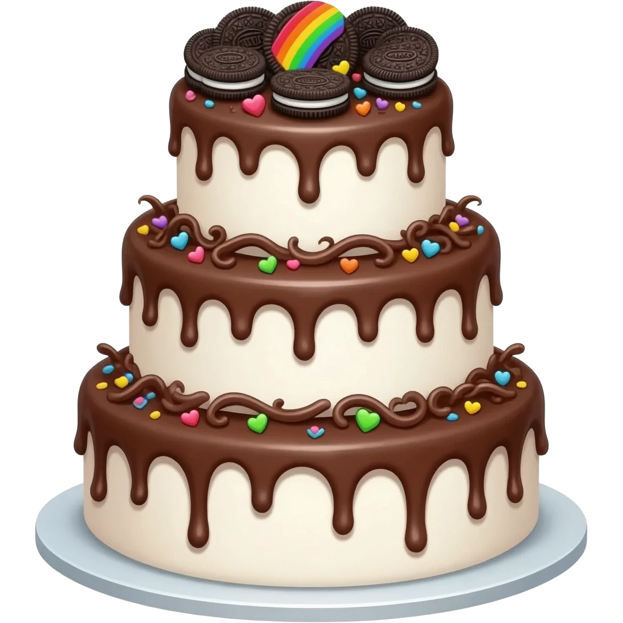 tiered beautiful white wedding cake decorated with oreo cookies rainbow heart sprinkles and chocolate swirls and chocolate icing emoji