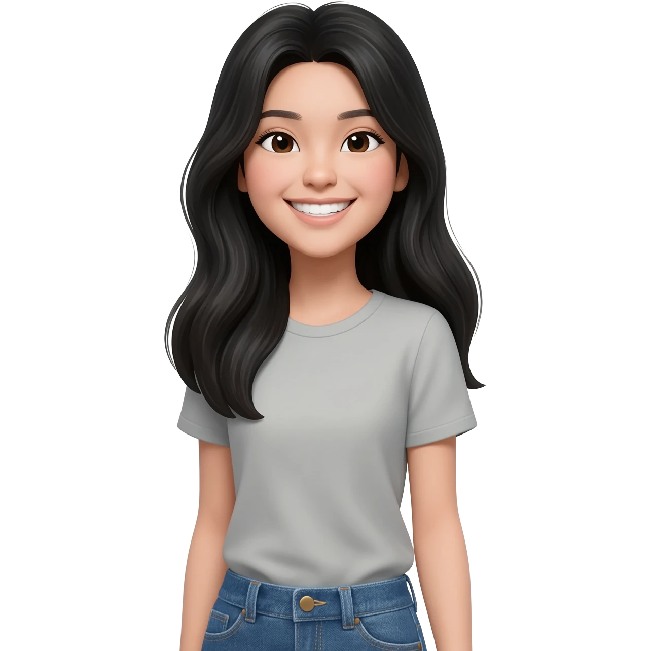 chica asiática con pelo negro largo y ojos negros achinados con ropa casual sonriente emoji