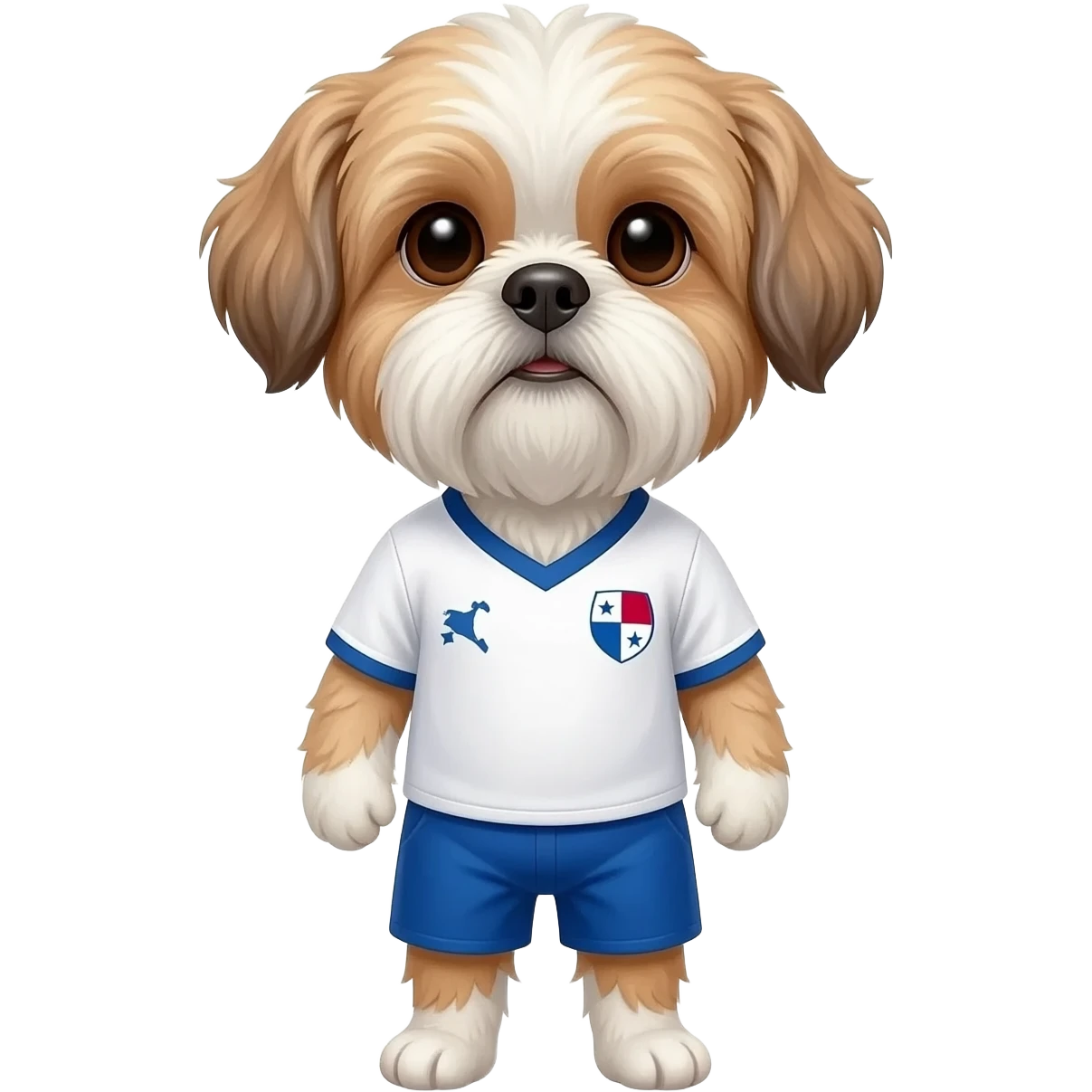 white and light brown shih zhu wearing a Panama soccer jersey v neck 2026 work cup emoji