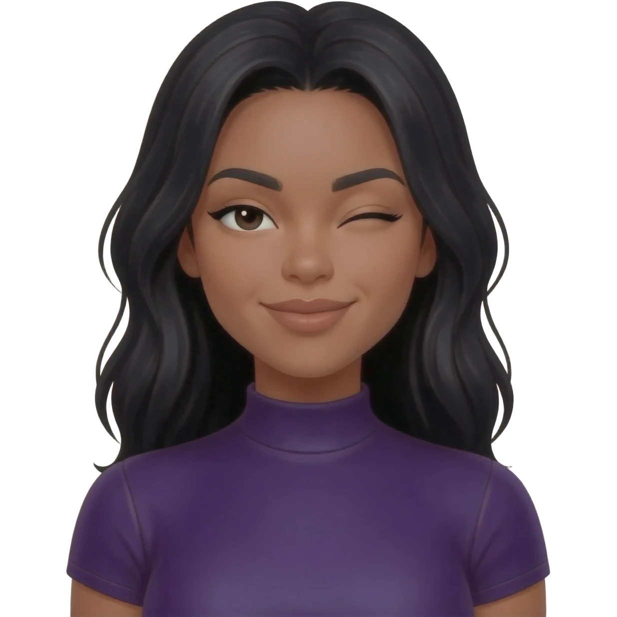 beautiful girl white in a y2k dark purple outfit, long black hair, winking emoji