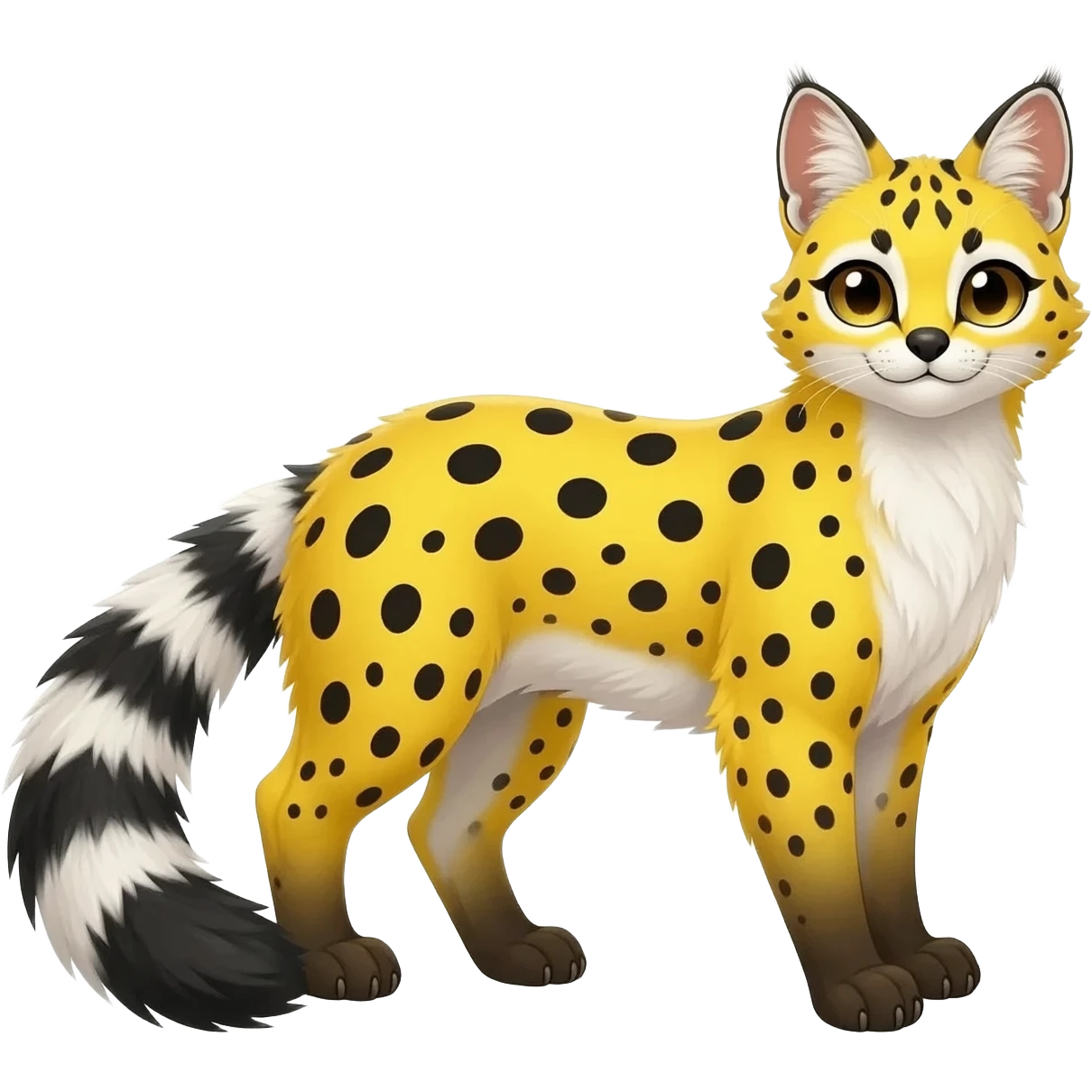 Lanky slender beautiful elegant spotted hype-realistic, black-maned, vibrant yellow Genet-Serval-Civet-fusion-hybrid-furry-fursona, full body, with a long puffy fluffy black-and-white-striped tail emoji