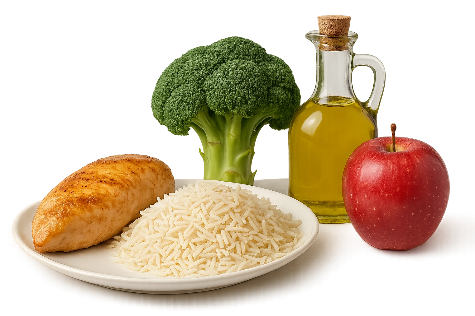 Riso basmati
Petto di pollo
Verdura fibrosa verde
Olio EVO
Mela
vista frontale, iperrealistico 4k emoji