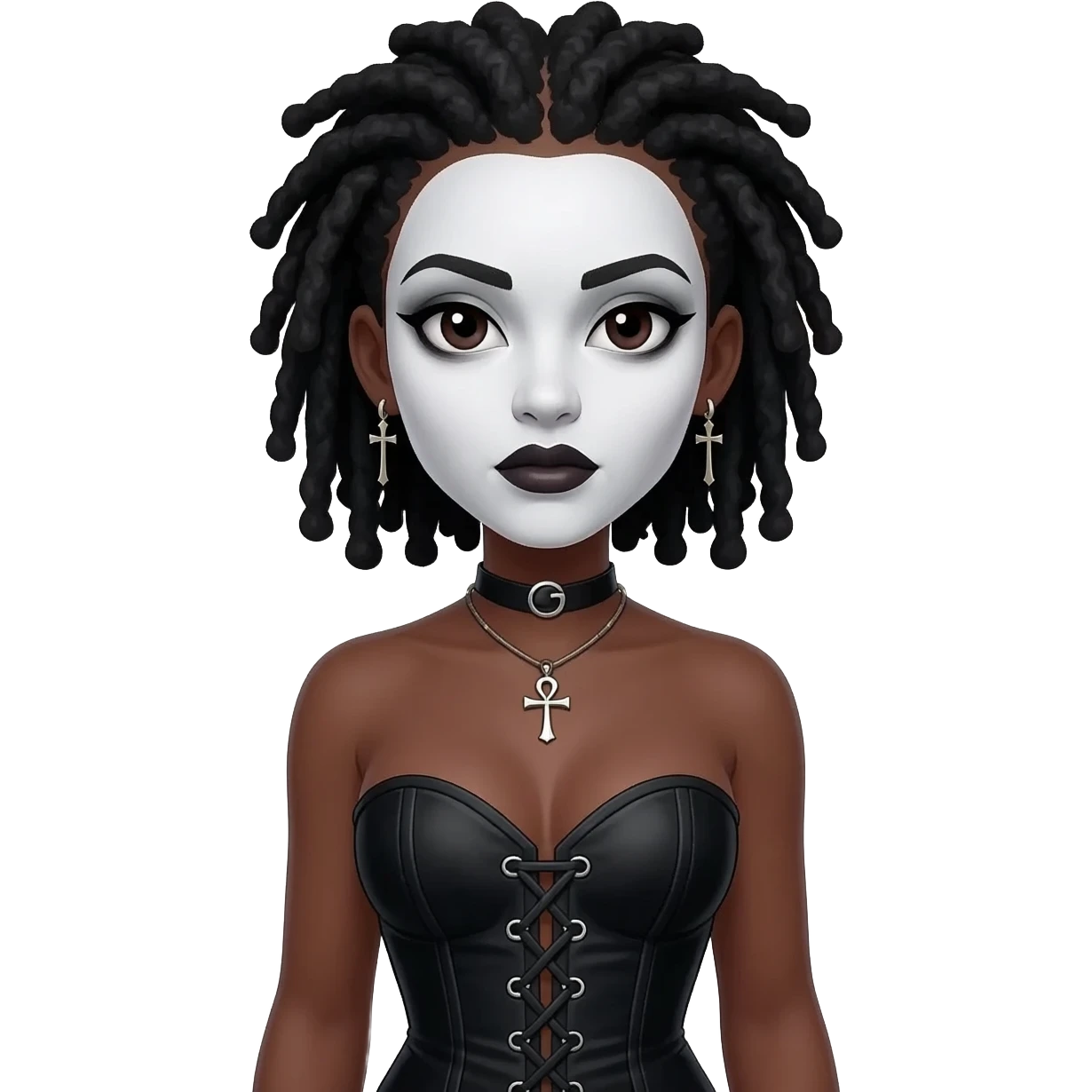 goth black girl with black corset, with brown skin, cross earrings, ankh necklace with center parted short black dreadlocks, whole white face paint emoji