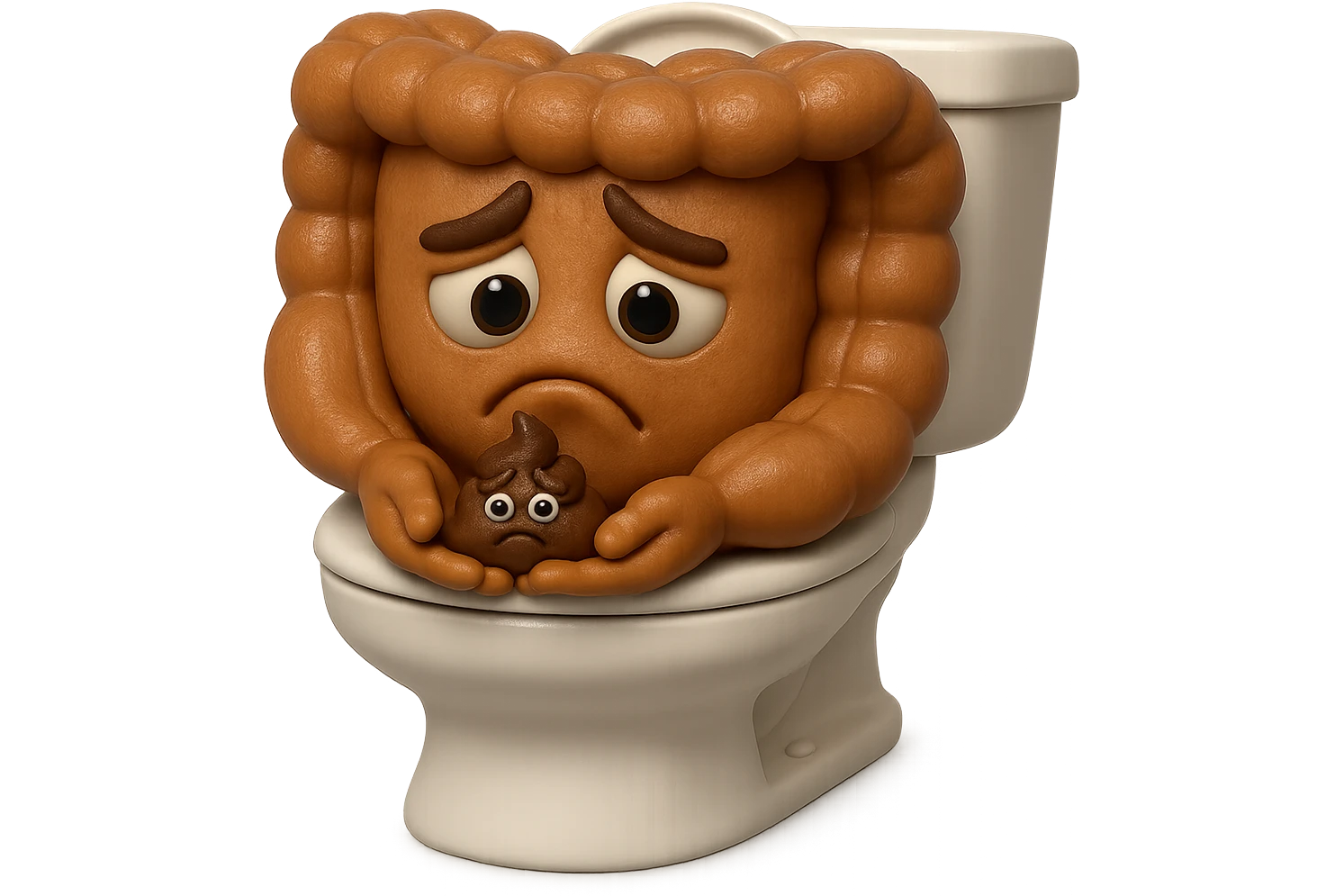 emoji stile iphone di un intestino realistico 3d che esce dal wc con in mano una montagnetta di feci con espressione triste a palline, iperrealistico 4k emoji