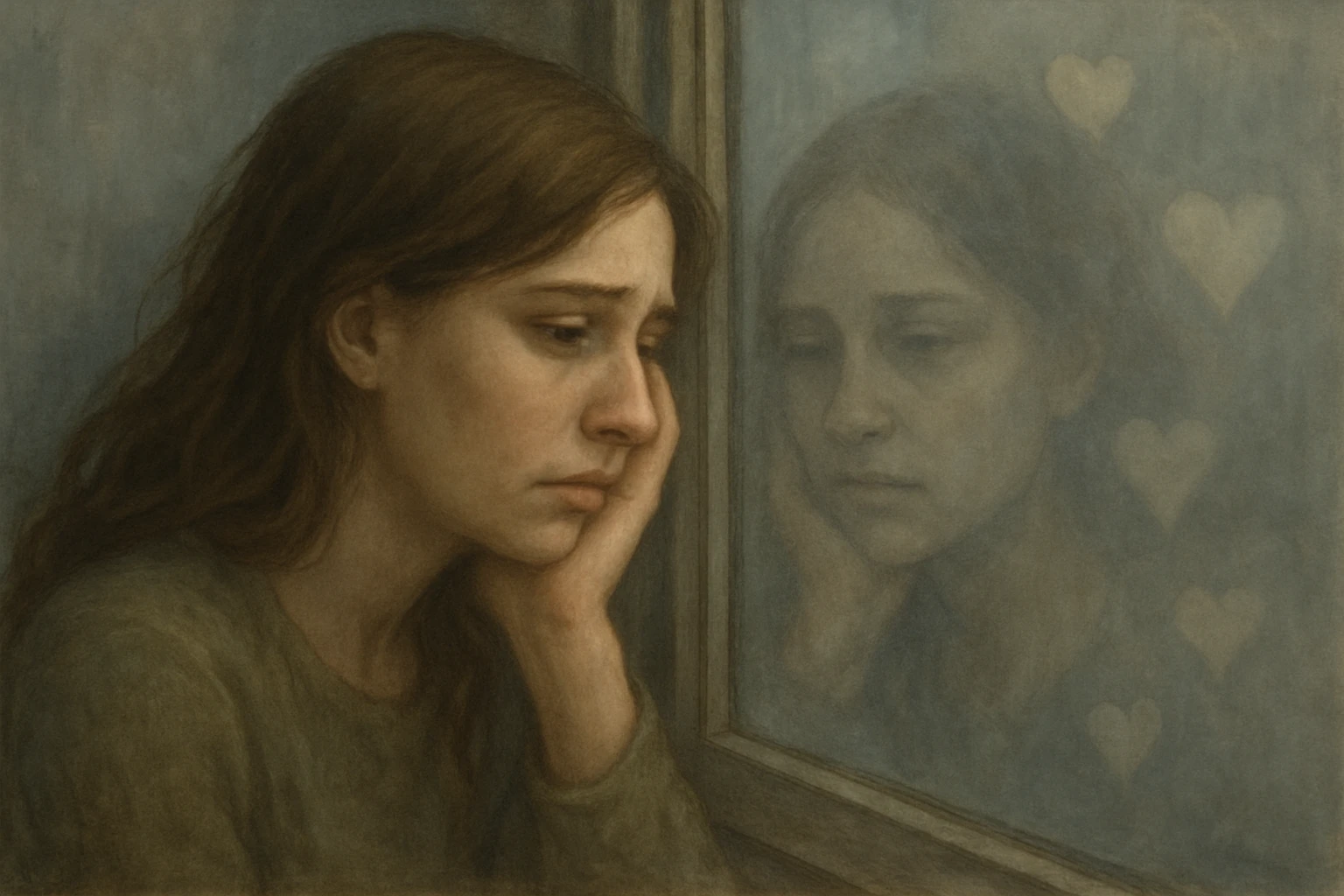 a woman looking at her reflection in a window, sighing, with hearts in the background fading away, symbolizing she can't find love emoji