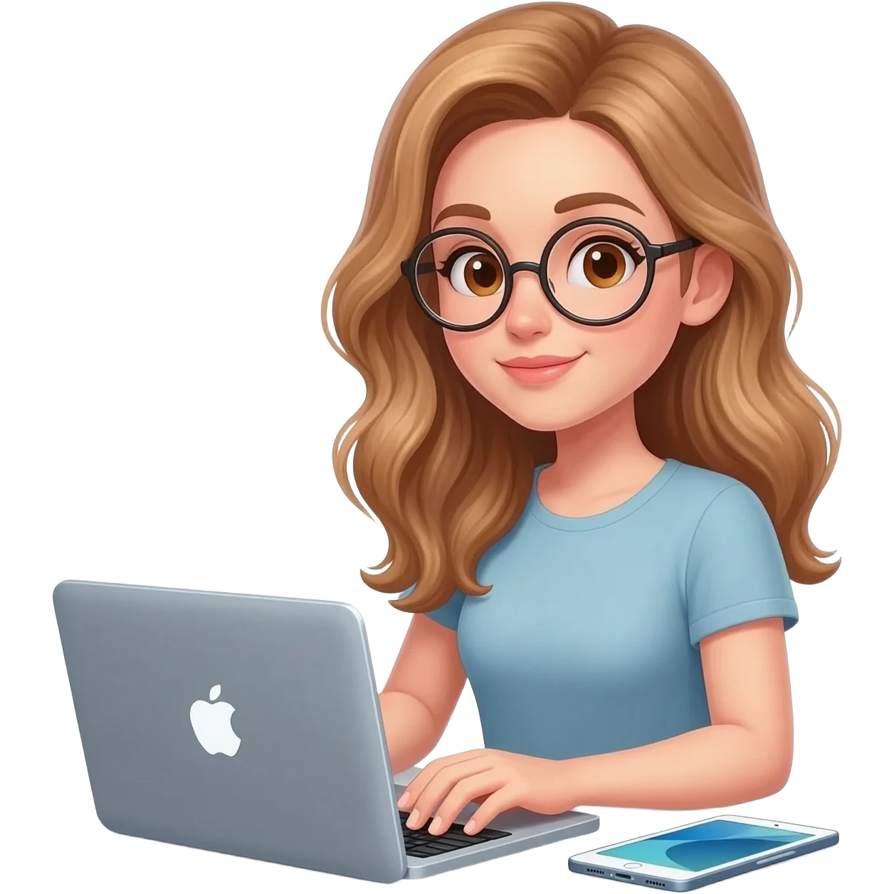 detailed emoji illustration of a woman with long light brown wavy hair and light brown eyes wearing round glasses, writing her book on a MacBook, with an iPad and an iPhone next to her, focused writing atmosphere, emoji style emoji
