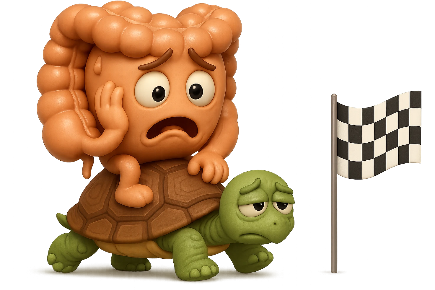 EMOJI STILE IPHONE 3D DI UN INTESTINO CON ESPRESSIONE ANGOSCIATA CHE CAMMINA SEDUTO IN GROPPA SUL GUSCIO DI UNA TARTARUGA IN ATTESA ESTENUANTE DI RAGGIUNGERE UN TRAGUARDO POCO PIù AVANTI, SULLA LORO DESTRA. IL TRAGUARDO è UNA BANDIERA A DUE PIEDI CON FASCIA A SCACCHI BIANCHI E NERI. iperrealistico 4k emoji