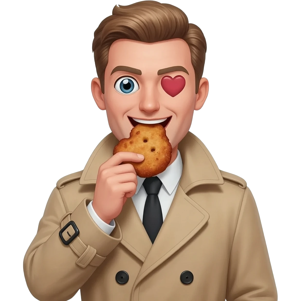 Dunkelblonder Mann im Trenchcoat isst Schnitzel und hat Herzaugen emoji