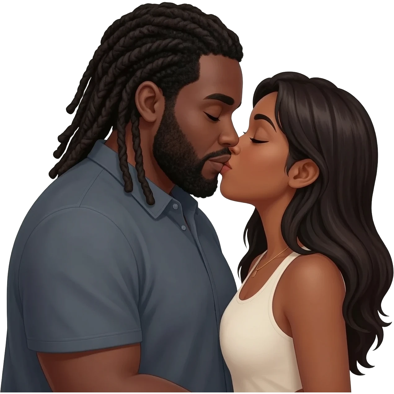 Fat black guy with dreads and black woman with long hair kissing and in love emoji