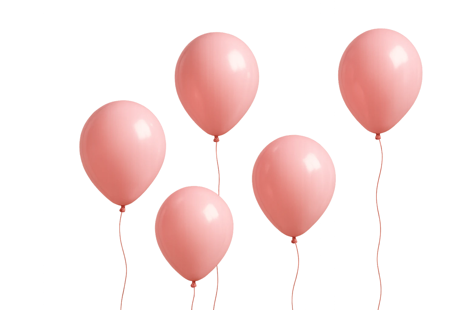 5 palloncini rosa fluttuano in aria isolati su sfondo bianco, iperrealistico 4k emoji
