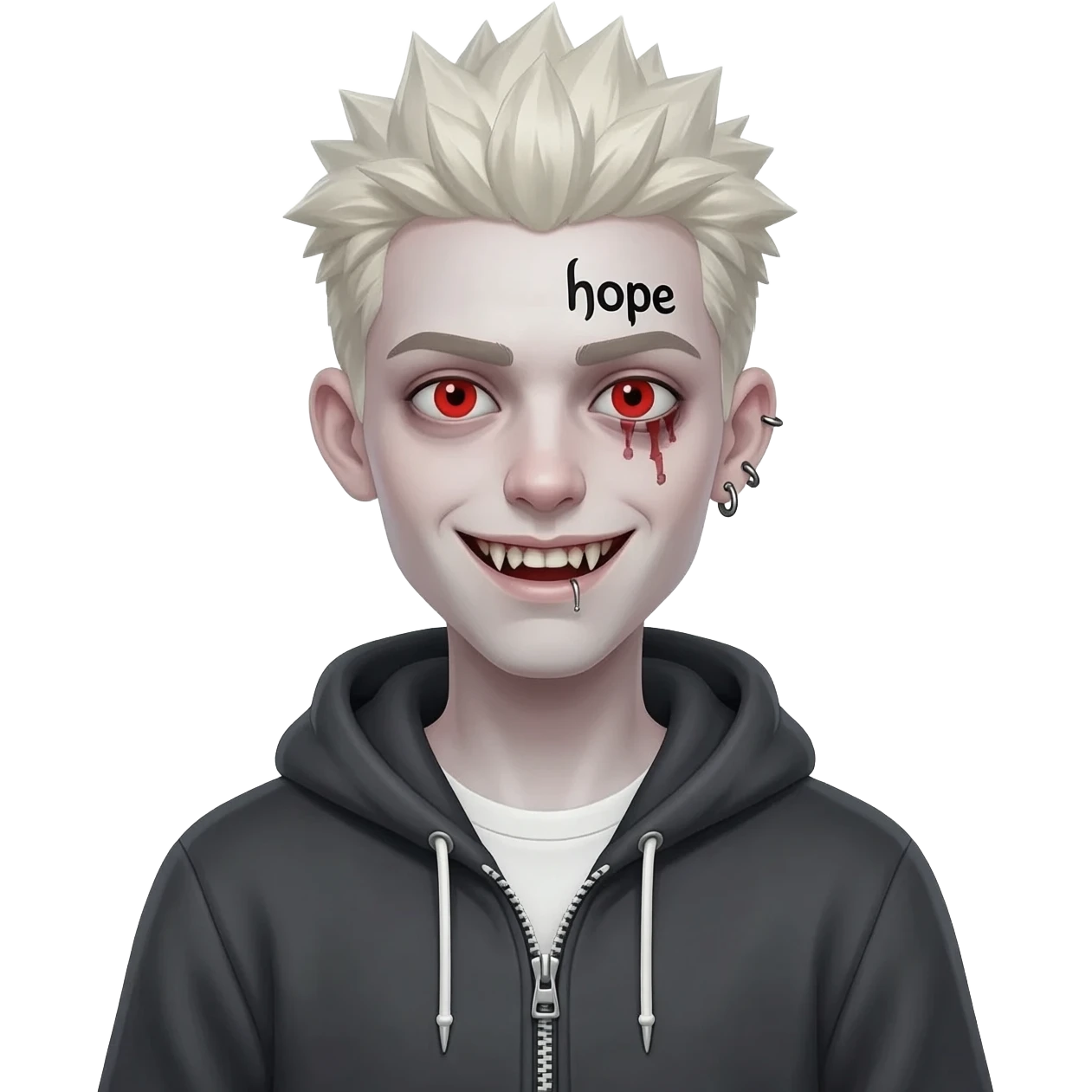 Create for me a boy wearing a zip-up hoodie showing his shirt underneath, with long, spiky platinum blonde hair, piercings in one ear and one nose, and the word "hope" tattooed on his eyebrow. He's a pale-skinned zombie with slightly bared teeth and red eyes. emoji