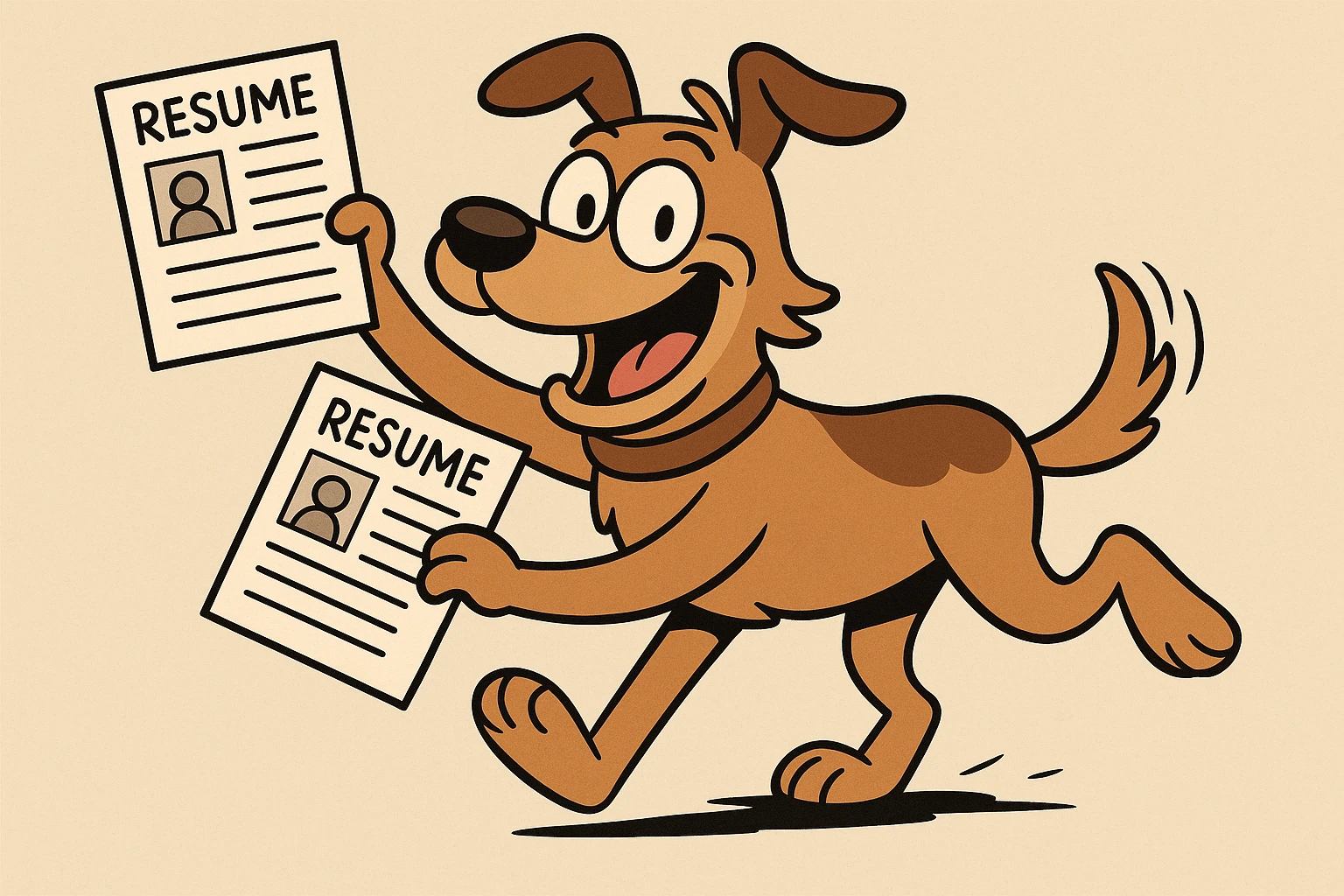 playful cartoon dog running with resumes in its mouth and one paw holding a resume up, big smile, wagging tail, energetic pose, classic cartoon style, friendly and inviting emoji