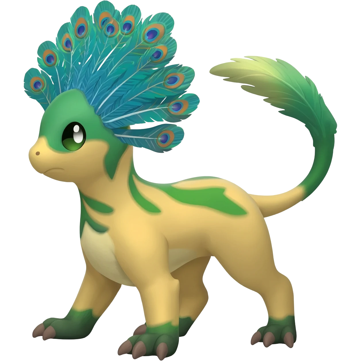  beautiful handsome gorgeous aesthetic colorful vibrant Vernid-Trico-species-Fakemon-creature by LiLaiRa, 4 legs, 1 tail, random markings, (full body) with a peacock-like-feather-headdress emoji