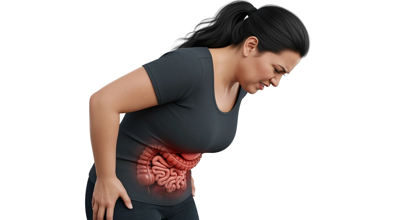 DONNA LEGGERMENTE SOVRAPPESO PIEGATA IN AVANTI FRONTALMENTE CON INTESTINO ANATOMICO IN EVIDENZA, MAL DI PANCIA iperrealistico 4k, ISOLATA SU SFONDO BIANCO emoji