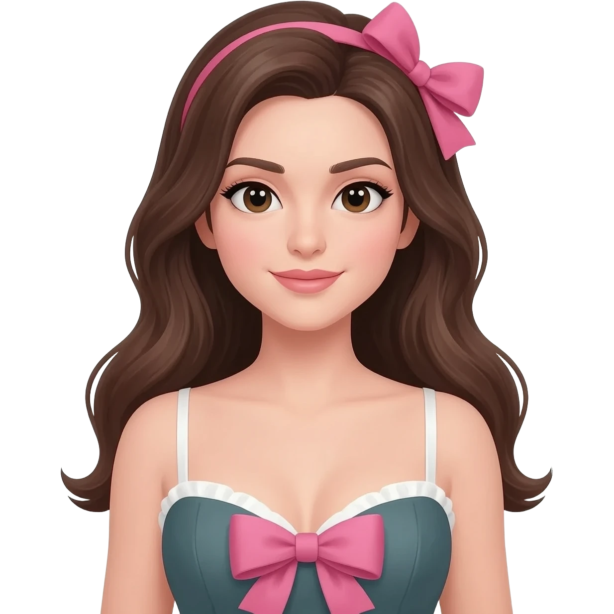 Long brunette hair tied with a bow, wearing a sexy dress with a bow on the chest, and very fair emoji