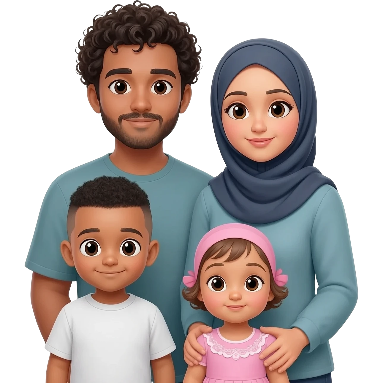 Family of four man woman 1 year old boy and baby girl but make the woman a hijabi and the boy younger man with a low fade pern get rid of the torso infront of woman give tha man curly hair emoji