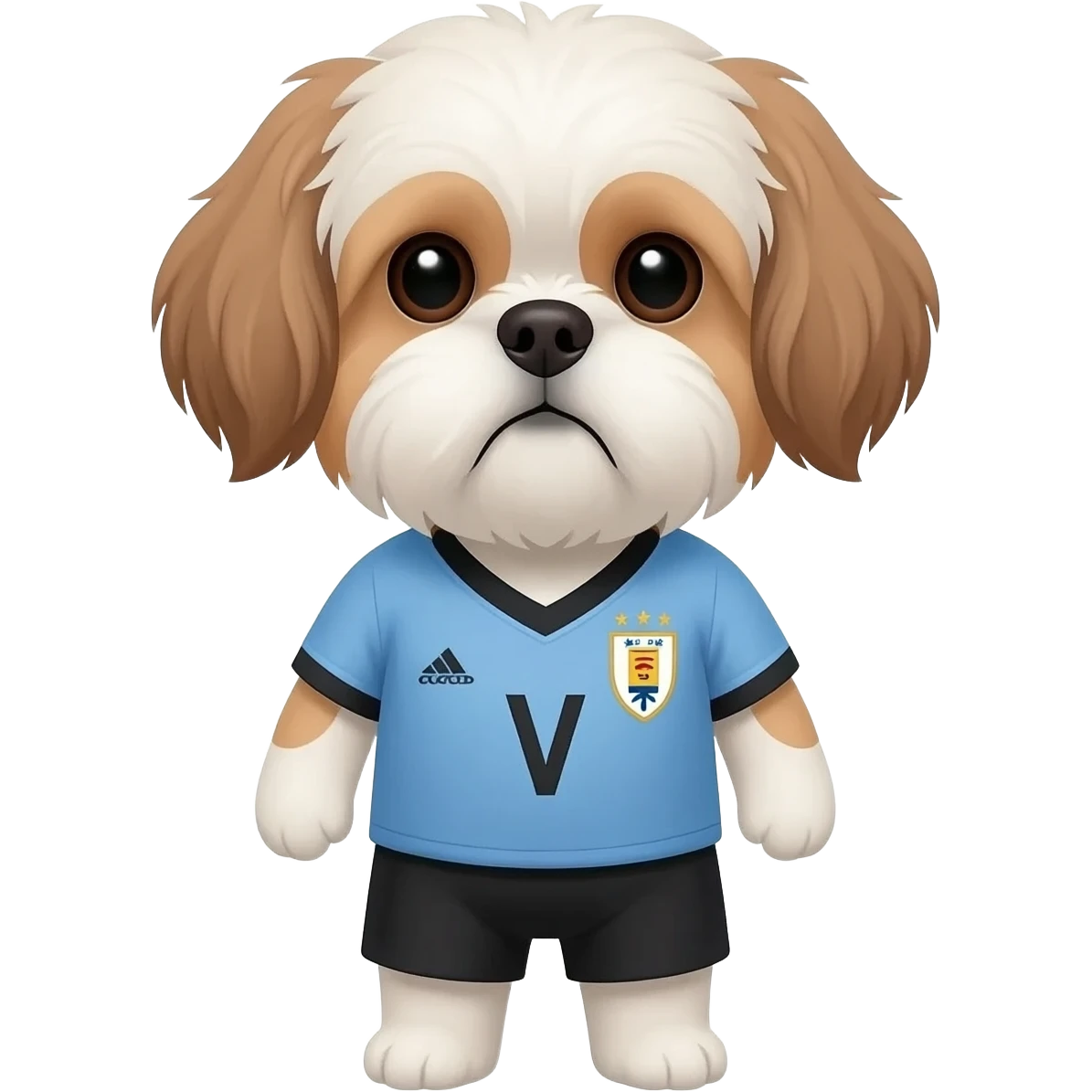white and light brown shih zhu wearing a Uruguay soccer jersey v neck 2026 work cup emoji